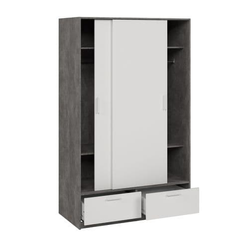 Armoire 2 portes coulissantes  DRESS  2tiroirs béton/ blan L.121 cm