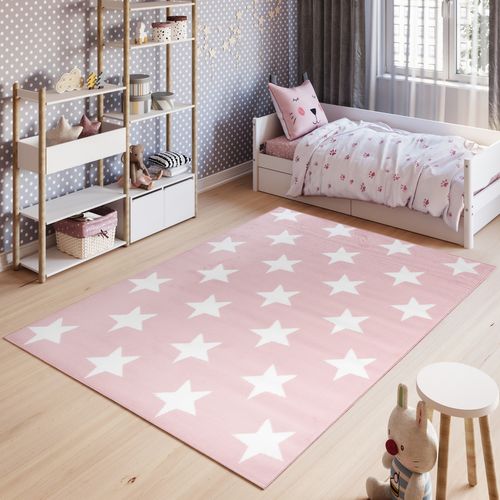 Tapis Chambre Enfant Rose Blanc Etoiles Fin 200 X 300 Cm Pinky