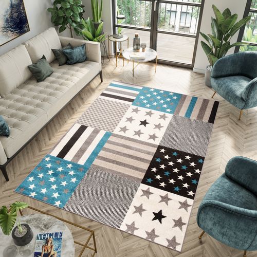 Tapis Salon Chambre Design Bleu Crème Marron Patchwork 300 X 400 Cm