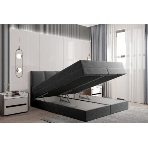 Lit Boxspring 140x200 Cm Prado Avec Rangement Et Matelas Ressorts Ensachés En Velours Gris Foncé