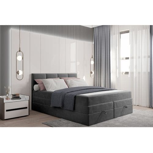 Lit Boxspring 140x200 Cm Prado Avec Rangement Et Matelas Ressorts Ensachés En Velours Gris Foncé