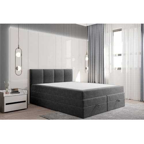 Lit Boxspring 140x200 Cm Prado Avec Rangement Et Matelas Ressorts Ensachés En Velours Gris Foncé