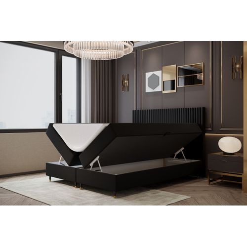 Lit Boxspring 140x200 Cm Estepona Matelas Ressorts Intégrés, Rangement, Surmatelas En Velours Noir