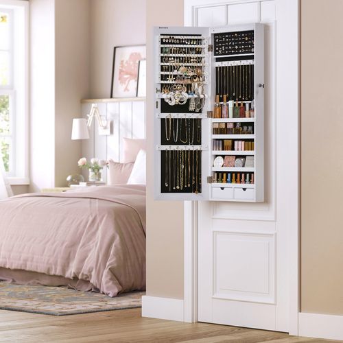 Armoire À Bijoux Avec Long Miroir, Grande Capacité, 2 Tiroirs, Blanc