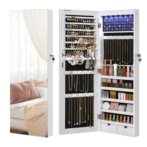 Armoire À Bijoux Avec Long Miroir, Grande Capacité, 2 Tiroirs, Blanc