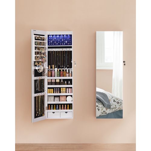 Armoire À Bijoux Avec Long Miroir, Grande Capacité, 2 Tiroirs, Blanc