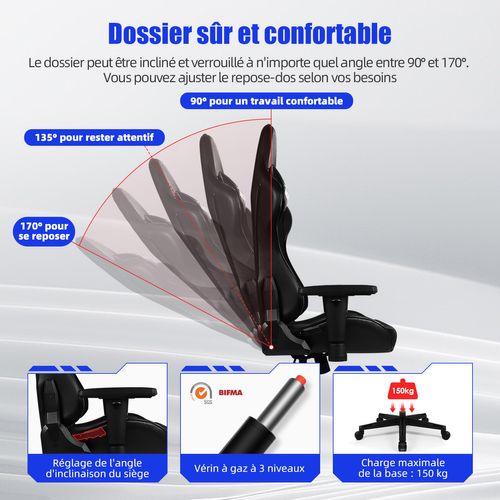 Chaise Gaming Charge 150kg, Fauteuil Bureau Ergonomique, Assise De 56cm, Hauteur, Coussins Réglables