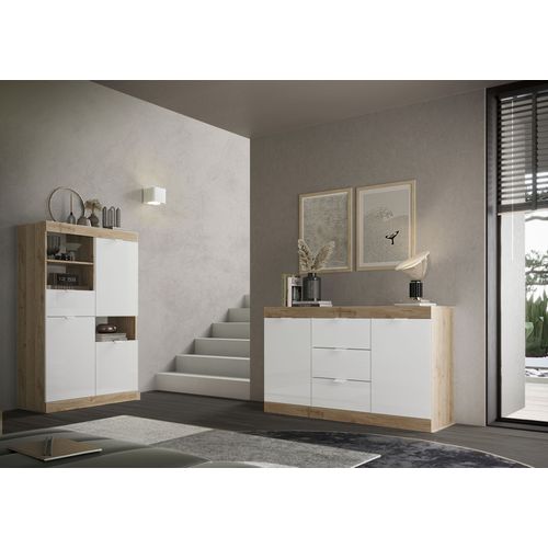 Buffet haut 2 portes 3 tiroirs H.149 cm SLIM imitation chêne et blanc