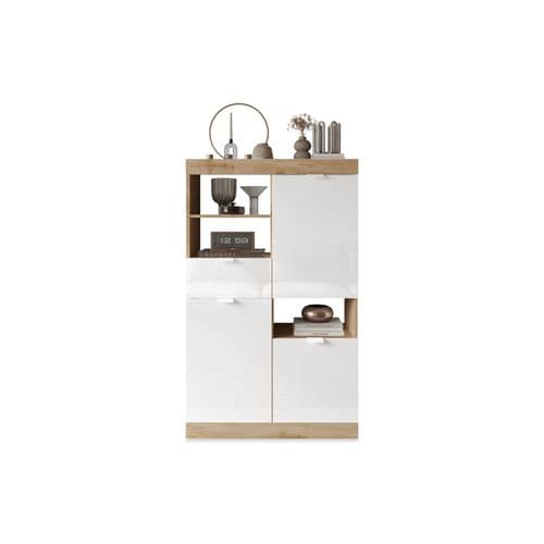 Buffet haut 2 portes 3 tiroirs H.149 cm SLIM imitation chêne et blanc