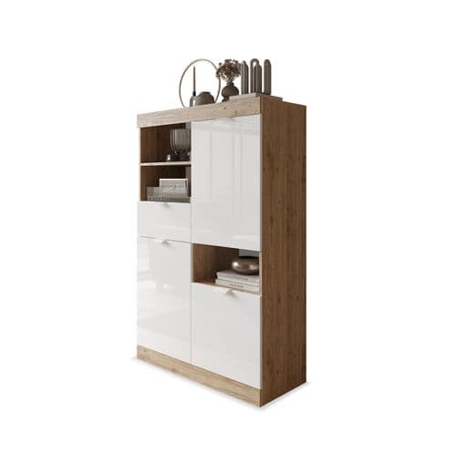 Buffet haut 2 portes 3 tiroirs H.149 cm SLIM imitation chêne et blanc