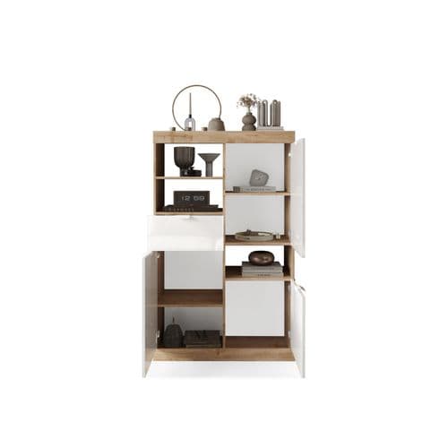 Buffet haut 2 portes 3 tiroirs H.149 cm SLIM imitation chêne et blanc