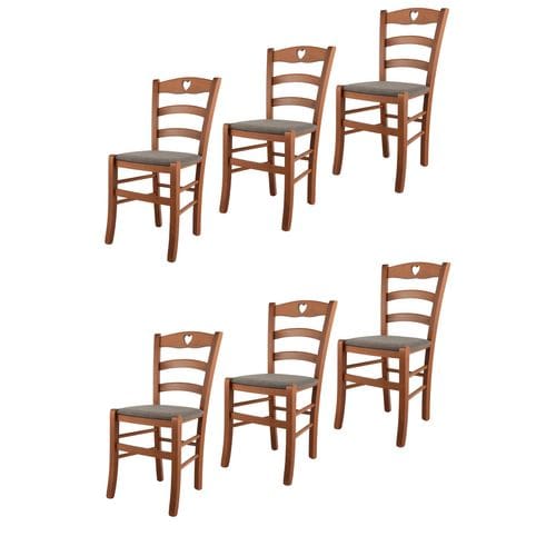 Set 6 Chaises Cuore En Hêtre Couleur Cerisier, Assise En Tissu Chevreuil