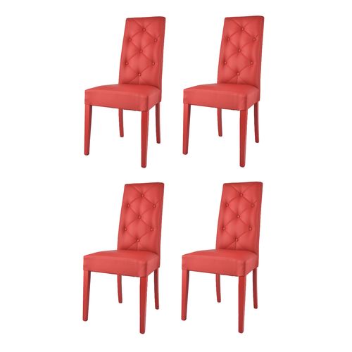 Set 4 Chaises Chantal,hêtre Peindré Rouge, Assise Et Dossier En Cuir Artificiel Avec Boutons