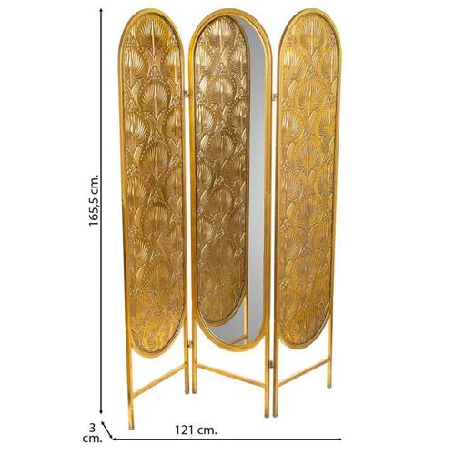 Paravent 3 Feuilles En Métal Avec Miroir Central Doré 121x3x165.5h