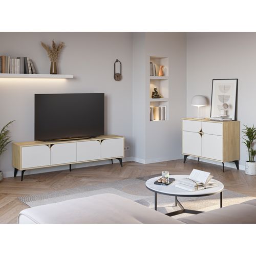 Meuble TV 4 portes NOLA 180cm imitation chêne et blanc