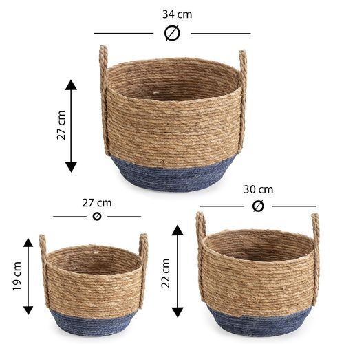 Set De 3 Paniers Iria Fibre Naturelle, Bleu/naturel