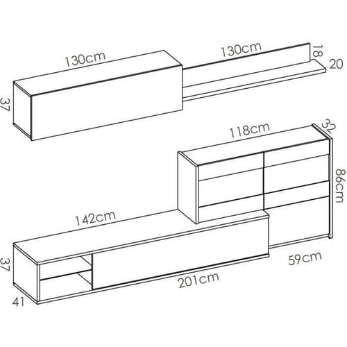 Ensemble Meuble Séjour Living Avec Vitrine LED - Décor Chene Et Blanc - L 260 X P 41 X H 180 Cm