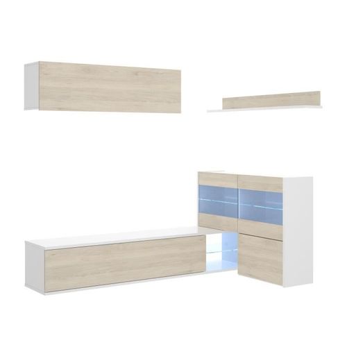 Ensemble Meuble Séjour Living Avec Vitrine LED - Décor Chene Et Blanc - L 260 X P 41 X H 180 Cm