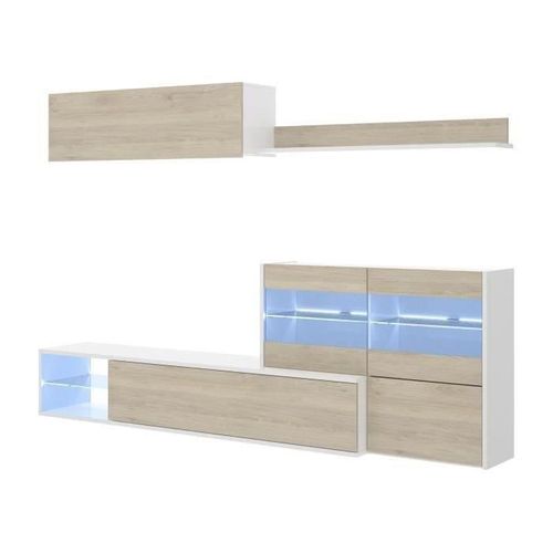 Ensemble Meuble Séjour Living Avec Vitrine LED - Décor Chene Et Blanc - L 260 X P 41 X H 180 Cm