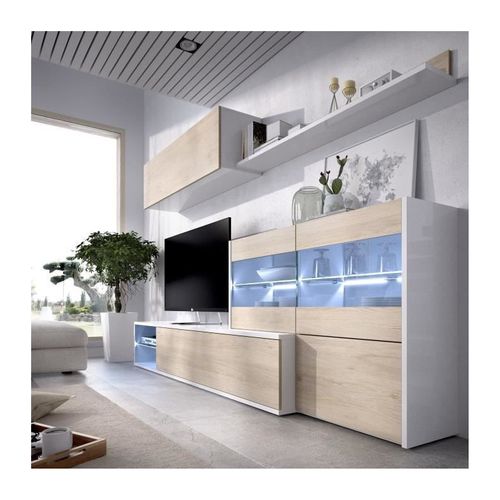 Ensemble Meuble Séjour Living Avec Vitrine LED - Décor Chene Et Blanc - L 260 X P 41 X H 180 Cm