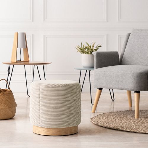 Avik - Pouf Effet Velours Beige Avec Base En Placage De Bois Naturel