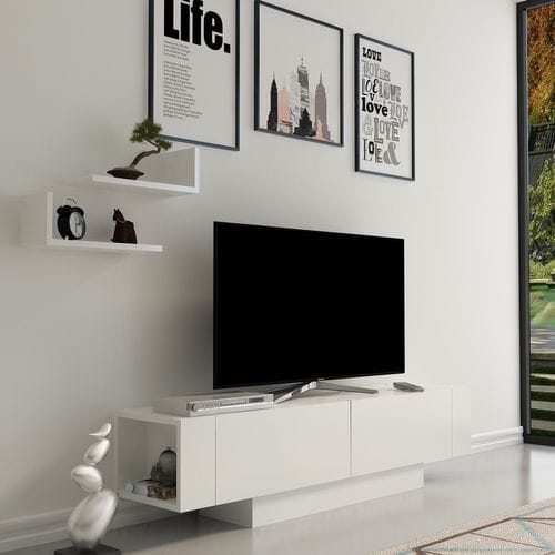 Meuble TV Contemporain 150cm Avec Étagères Meniscos Blanc