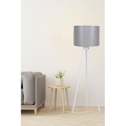 Lampadaire Trépied Luca 145cm Tissu Gris Et Bois Blanc