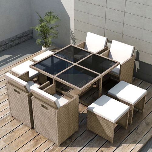 Salon De Jardin Encastrable En Rotin - 109x109x74 Cm - Beige