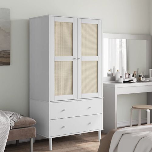 Armoire Senja Aspect Rotin Blanc 90x55x175cm Bois Massif Pin