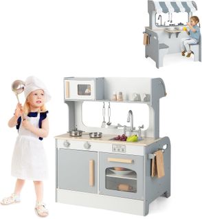 2 En 1 Cuisine Enfants Double Face Avec 10 Accessoires, Jeu De Cuisine Avec Evier Et Four,70x52x90cm