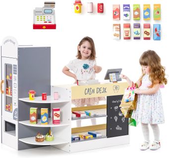 Épicerie Enfants En Bois Avec 15 Accessoires et Distributeur Automatique, Jeu D’imitation (blanc)