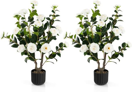 Plante Artificielle à Fausses Fleurs, Fausse Plante Camélia Artificiel Dans Un Pot Remplies(blanc)