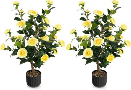Plante Artificielle à Fausses Fleurs, Fausse Plante Camélia Artificiel Dans Un Pot Remplies(jaune)