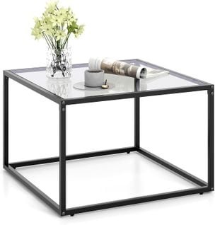 Table Basse Carrée, Table Basse Verre Trempé, Cadre En Métal Noir, 70 X 70 X 45 Cm (gris)
