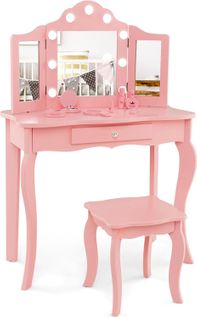 2 En 1 Coiffeuse Enfants Et Tabouret Avec Miroir Amovible à Trois Volets, 3 Ans+, 70x34x103cm(rose)