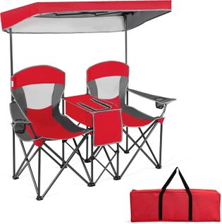 Chaise De Camping Pliante 2 Places Avec Parasol Amovible Et Réglable, Charge 120kg Chaque Siège