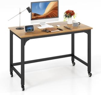 Bureau D'ordinateur Roulant 120 Cm, Bureau Informatique Mobile Avec Cadre En Métal,chambre, Naturel