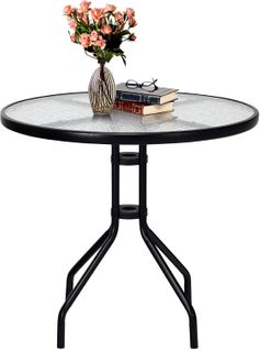 Table De Jardin Ronde En Verre Trempé 70 Cm,table à Manger D'extérieur Pour Jardin Balcon Cour,noir