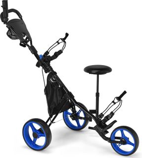 Chariot De Golf à 3 Roues Pliable, Avec Porte-gobelet,porte-parapluie Et Siège Réglables(bleu+noir)