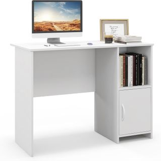 Bureau, Table D'ordinateur, Étagère De Rangement, Bureau D'etude Avec Trous Pour Câbles, Blanc