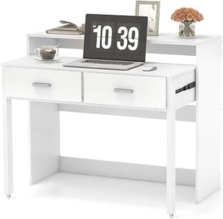 Bureau Extensible, Bureau Table D'ordinateur Avec Support De Moniteur, Bureau Avec 2 Tiroirs, Blanc