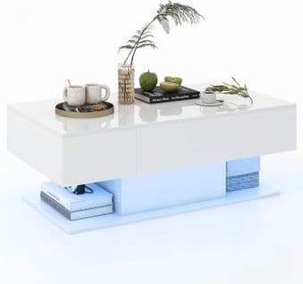 Table Basse Salon 2 Tiroirs, 22 Modes Dynamiques, Télécommande, 110 X 60 X 40 Cm (blanc)