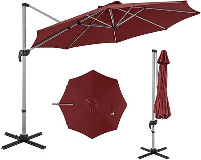 Parasol Déporté Φ339cm, Parasol De Jardin Rond Avec Base En Croix, Parasol Inclinable (rouge)