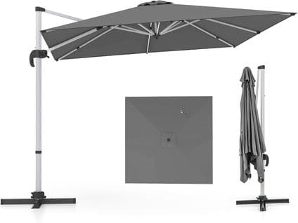 Parasol Déporté 3x3m, Parasol Carré Avec Base En Croix, 5 Angles Et Hauteurs Réglables (gris)