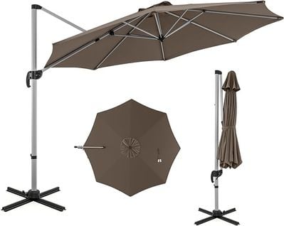 Parasol Déporté Φ339cm, Parasol De Jardin Rond Avec Base En Croix, Parasol Inclinable (brun)