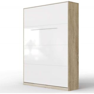 Armoire Lit Escamotable 140x200 cm Mural Supérieur Vertical Chêne Sonoma/blanc Brillant