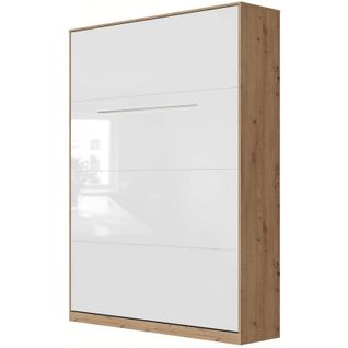 Armoire Lit Escamotable 140x200 cm Mural Supérieur Vertical Chêne Sauvage/blanc Brillant