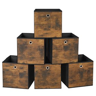 Boîte De Rangement, Lot De 6, Cube Tissu Non-tissé Et Oxford, Pliables, Marron Rustique Et Noir