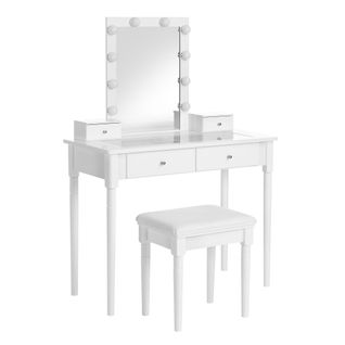 Coiffeuse avec Tabouret, 10 Ampoules, 4 tiroirs, Dessus en Verre trempé Transparent, Blanc