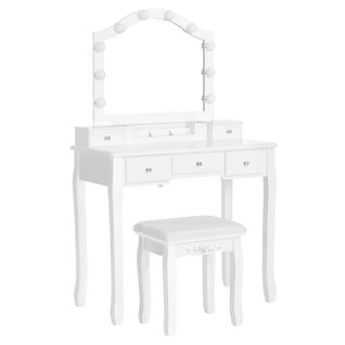 Coiffeuse, Grand miroir avec 10 Ampoules LED, 5 Tiroirs, Avec Tabouret Rembourré